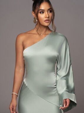 JLUXLABEL One-Shoulder Satin Dress in Sage Green